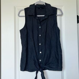 Baci Navy Italian Linen Button Up Tie Waist Shirt Size S